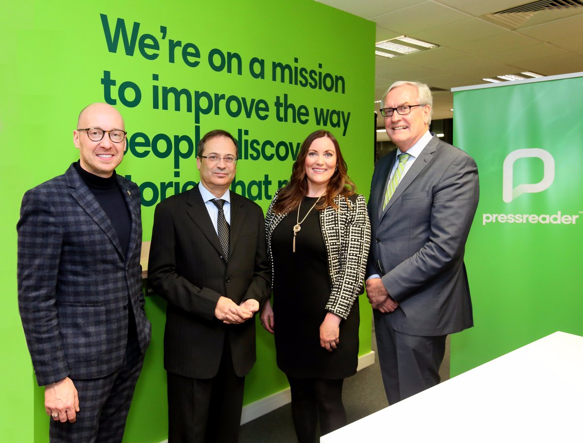 PressReader's tweet photo. A big thank you to Canadian Ambassador to Ireland, @KVickers, @MelissaMOConnor from @IDAIRELAND, and all our amazing guests who celebrated our Ireland office opening with us. https://t.co/mRDMfQlUh5