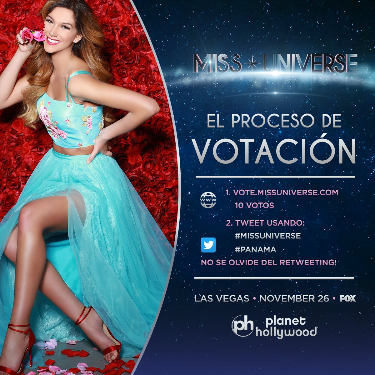 Voting for #MissUniverse is officially OPEN. RT to vote for Miss Universe #Panama! 

Watch her LIVE: Sunday Nov. 26 at 7PM on <a href="/FOXTV/">FOX</a>.