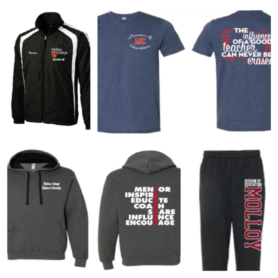 MolloyEdClub's tweet photo. Education Club is having an apparel sale!!! Drop order forms off to the division of education office K217. Tshirt $15. Sweatpants $25. Sweatshirt $32. Jacket $45 https://t.co/YoT4T7TejI