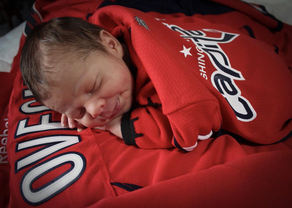 SueMDuke's tweet photo. Newest family addition ready for the game! #QuillanMatthew #CapsFlames #RockTheRed #WashingtonCapitals #Ovechkin https://t.co/mgmkO9nFiM