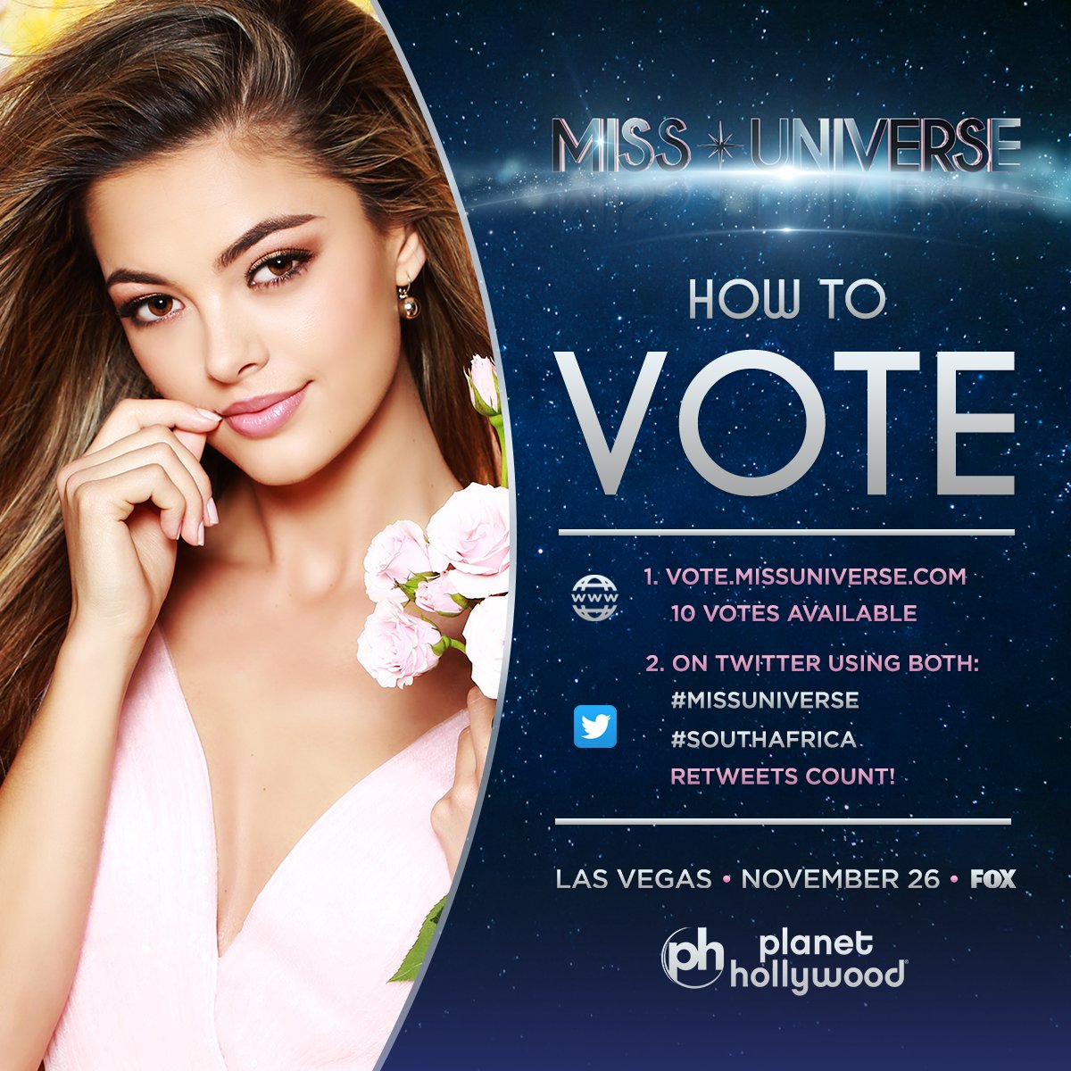 Voting for #MissUniverse is officially OPEN. RT to vote for Miss Universe #SouthAfrica! 

Watch her LIVE: Sunday Nov. 26 at 7PM on <a href="/FOXTV/">FOX</a>.