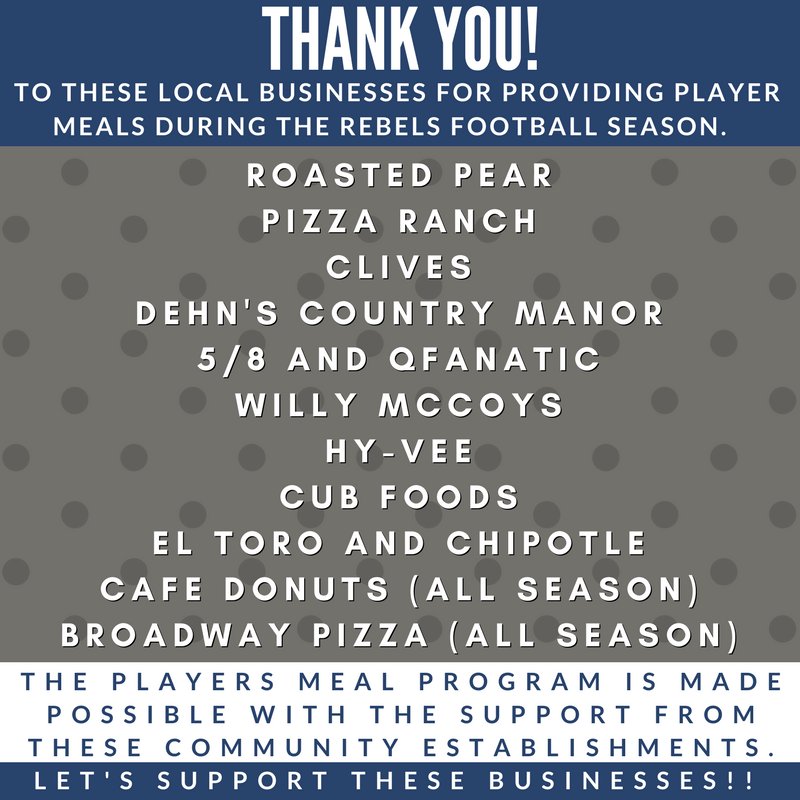 cprebelfootball's tweet photo. Thank you to these local businesses for supporting Rebel Football with player meals this season! #GoRebels #supportthemback https://t.co/yGK494VxzY