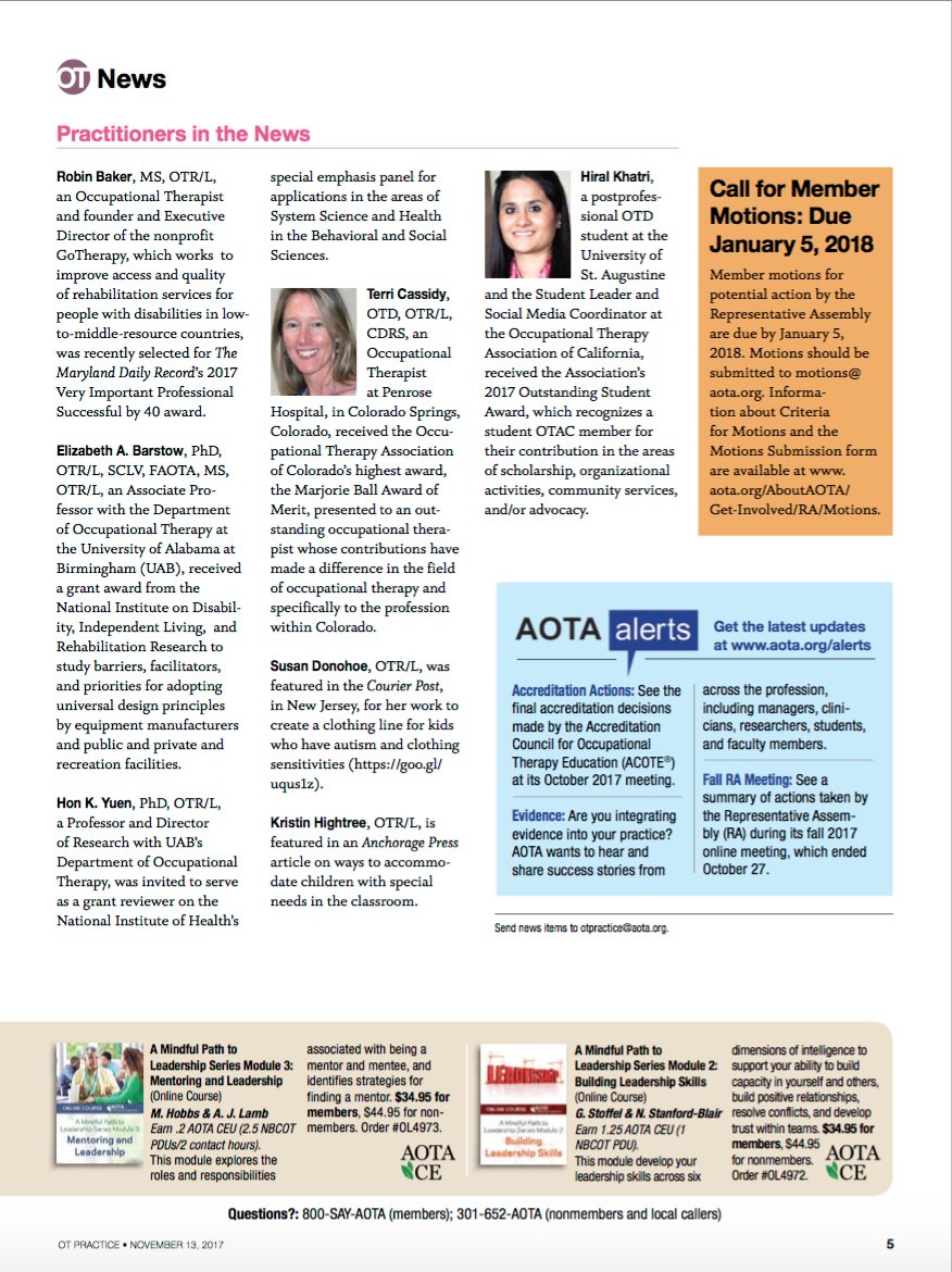 DrHiralKhatri's tweet photo. Happy to share!Covered in a reputed national level #OccupationalTherapy magazine @otpractice #OTPractice @AOTAInc Thank you @OTACnews for "Outstanding Student Award-2017"  #OTleadership #OccupationalTherapist #OTStudent #OTD #OTPassion https://t.co/sxLoGoPDOf