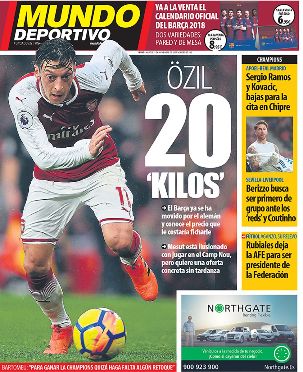 📰 Mundo Deportivo | 21 Novembre 2017  

➡️ ÖZIL, 20M€

☑️ Le Club a déjà bougé pour l'allemand et connaît le prix qu'il lui en coûterait pour le signer

☑️ Mesut serait heureux de jouer au Camp Nou, mais veut une offre spécifique sans tarder