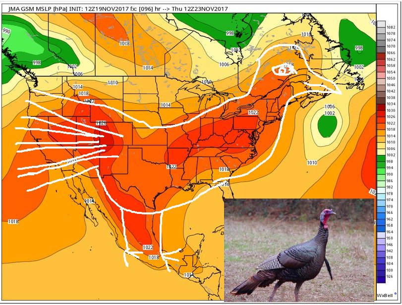 CharlieWGME's tweet photo. Perhaps a stretch, but this is where my mind went when looking at surface pressure map valid 7AM Thanksgiving (JMA Model). Anyone else see the turkey? https://t.co/z44YHhHqVl