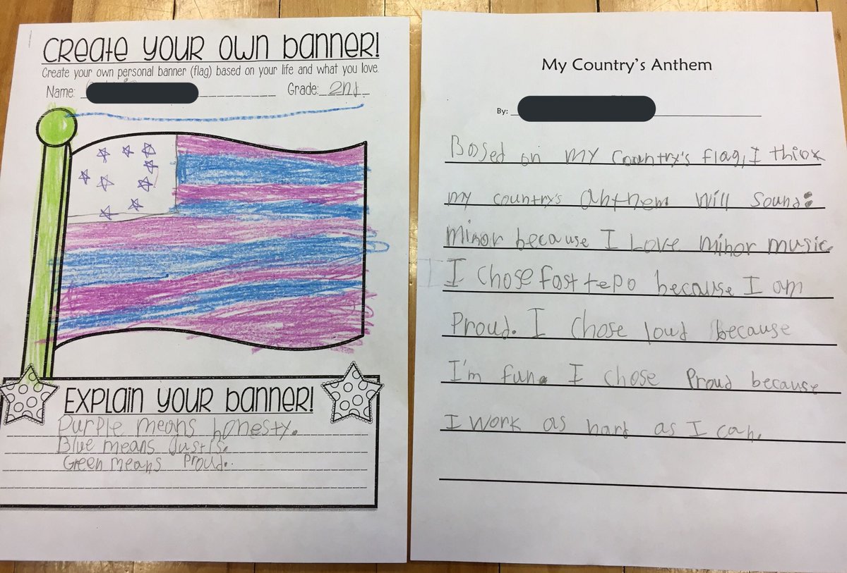 Music_MrsWalle's tweet photo. After studying the Star Spangled Banner and the flag,  Ss designed their OWN country flag &amp; described their OWN anthem based on what their country stands for #futureleaders #musicmatters #crosscurricularstudies https://t.co/zCZLi6FBnb