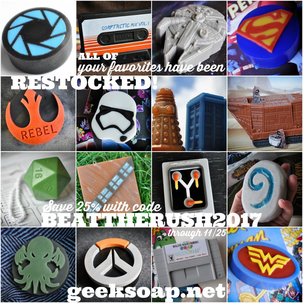 geeksoap's tweet image. Oh yeah, RESTOCK ALL THE THINGS! All your favorites are (finally) back in stock for the final week of the 25% off sale, woo! #geeksoap