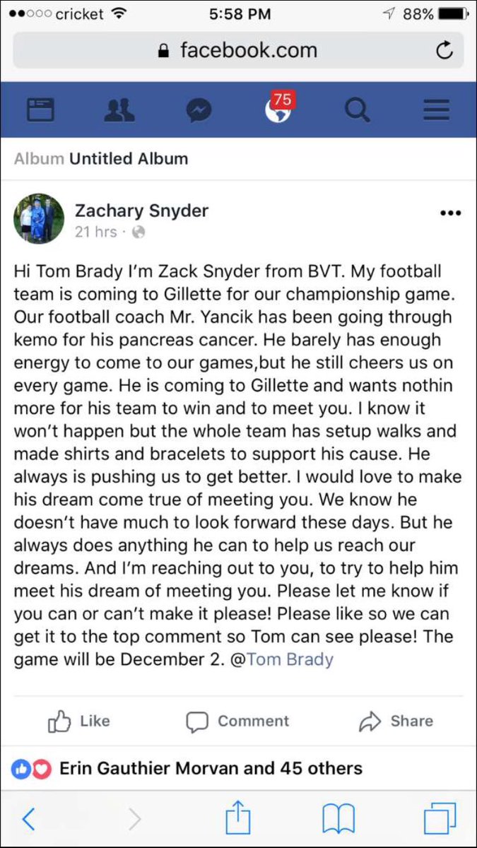 Jsauter19's tweet photo. Please do it for Mr.Yancik! Retweet and spread the word!!! We love him! #tombrady https://t.co/HKypd5lhrn