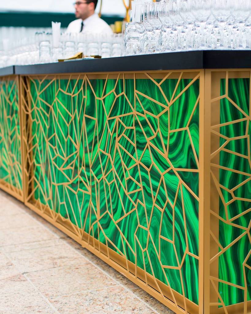 Custom bold green and stunning gold bar front for our corporate party in SF. (Design/Rentals: @revelryangela for @revelryeventdesign, Florals: <a href="/ornamento/">Orna Maymon</a>, Photo: @showreadyphoto, Venue: @westinstfr, Decals/Stage Backdrop: #JohnMurrayProductions, Tenting: @hensleyeventresourc…