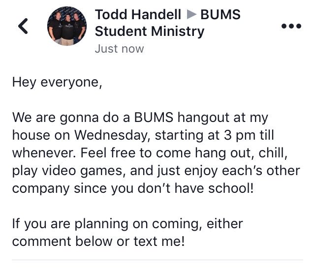 BUMSBethel's tweet photo. Come hang out on Wednesday! Text Todd with any questions! Everyone is welcome! https://t.co/ZM9kj0Eoui