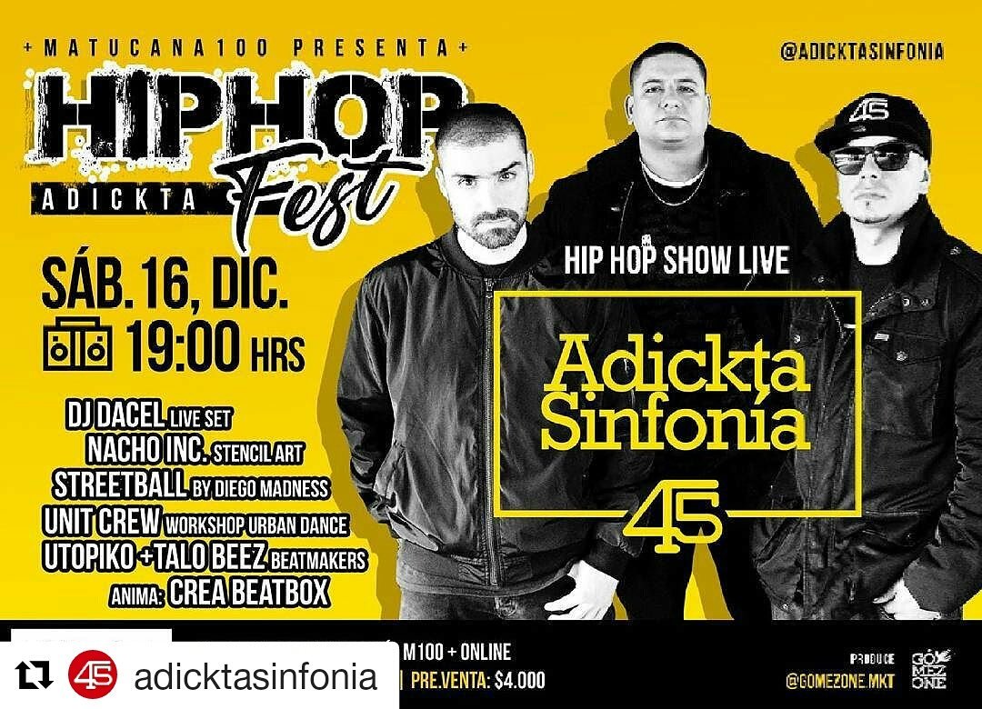 adicktasinfonia's tweet photo. #HIP-HOPadicktaFest Los esperamos el Sábado 16 Dic, 19hrs en @Matucana100 #Música #Urbandance #Beatmakers #StreetBasket #StencilArt #BeatBox #Culturahiphop @djdacel @adicktasinfonia #terceravoz @latercera @musicadecolor @parlantecl #nachoinc #diegomatness #unitcrew #creabeatbox https://t.co/rXt0V9rjXX