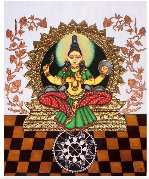 It is said by Vishvakarman that MahaLakshmi, residing at  the sacred place of pilgrimage called Kolhapur carries a Linga on Her head. She carries in her hands a vessel, a mace called Kaumodaki, a shield &amp; a fruit called Shriphala. 
#KnowYourDeity #Shakti 
ow.ly/Clbu30gEZZI