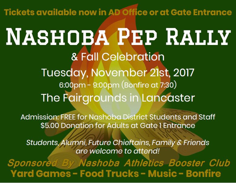 ❗️Nashoba Pep Rally &amp; Bonfire❗️Tuesday 11/21 from 6-9PM @ The Fairgrounds in Lancaster. Students, staff, alumni, family, &amp; the entire Nashoba community is invited!