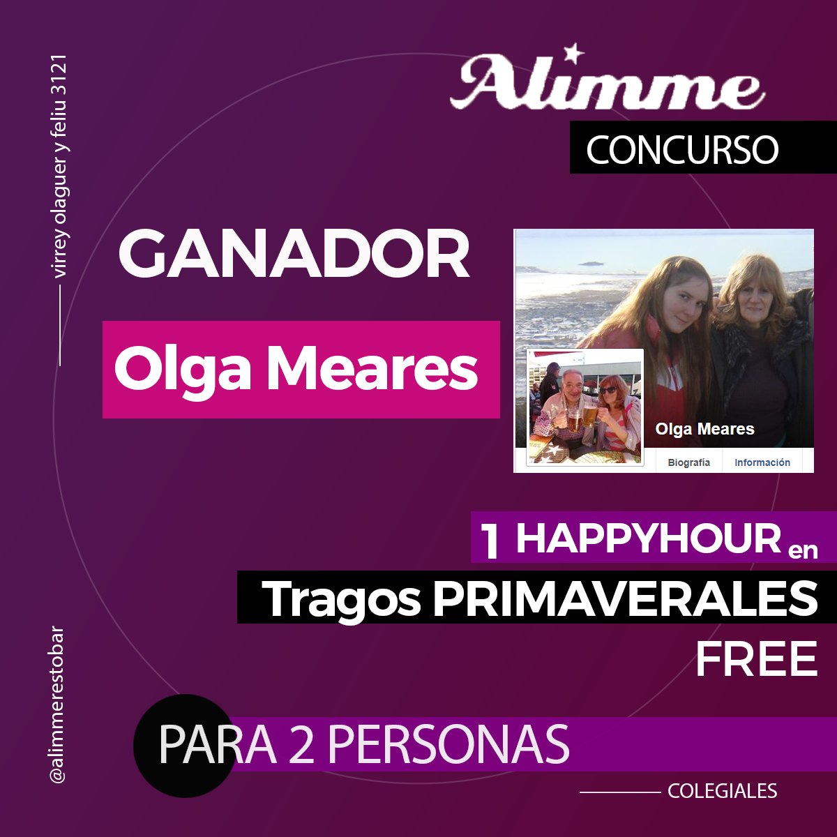 AlimmeRestoBar's tweet photo. Les comunicamos que la ganadora de la super #PROMO #HappyHour de Tragos PRIMAVERALES 🍹para 2 personas FREE !!!  fue nuestra seguidora Olga Meares  FELICITACIONES👏👏👏👏👏
Te esperamos para que canjees tu #premio en #alimme los dias #jueves !!! 👇 https://t.co/WiBEu6ViVl