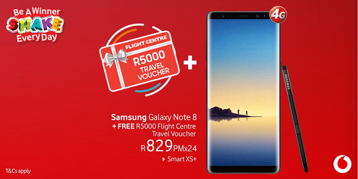 Vodacom's tweet photo. We don’t wait for Dezemba boss, enjoy amazing Summer deals like the @SamsungMobileSA #GalaxyNote8 and free 10GB data once + R300 off Samsung accessories. Your job is to RT this tweet for a chance to unlock a #ShakeEveryDay prize https://t.co/GJciQwT6Pd T&amp;Cs apply https://t.co/krs2C8kRkO