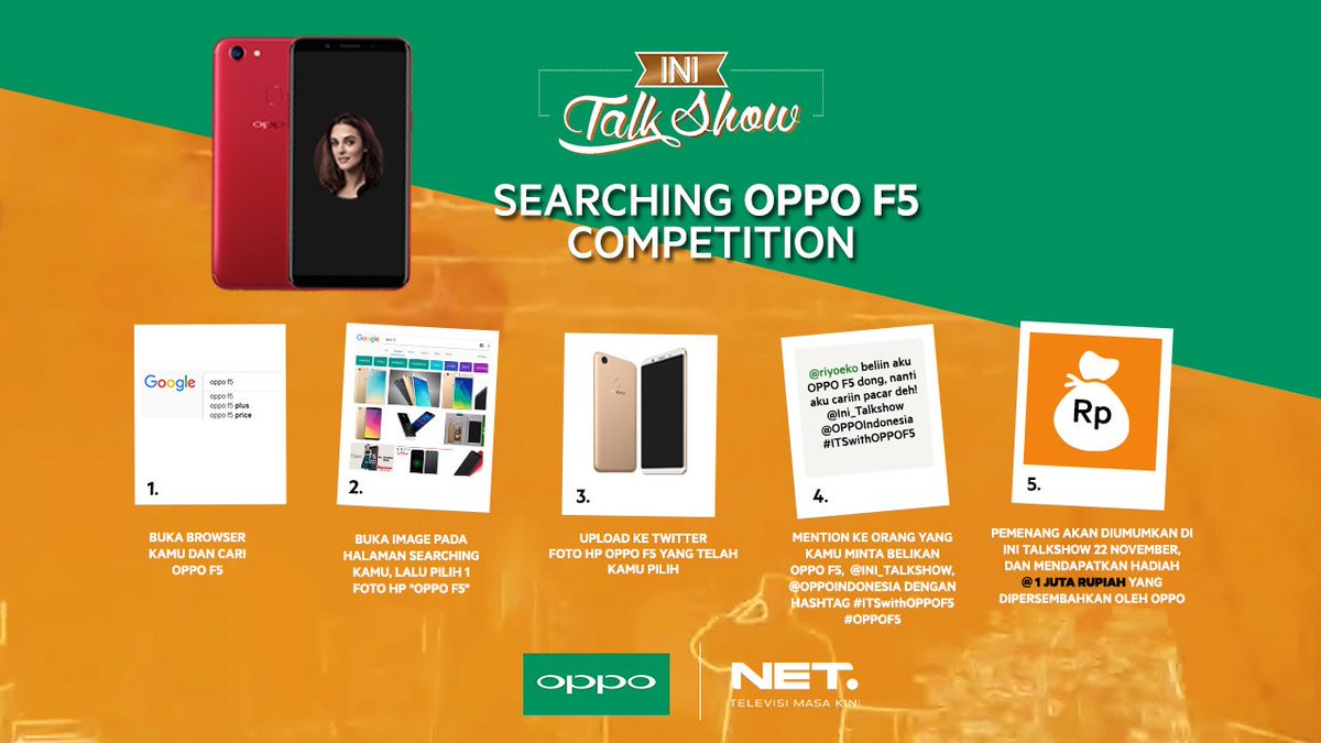 mdtvindonesia's tweet photo. RETWEET!!!

Yang udah nungguin Kuis Twitter @Ini_Talkshow malam ini, silakan cek caranya pada gambar berikut. Dan menangkan hadiah 1 juta rupiah.. Semoga beruntung! #ITSwithOPPOF5 #OPPOF5 https://t.co/kOwmq01qYk