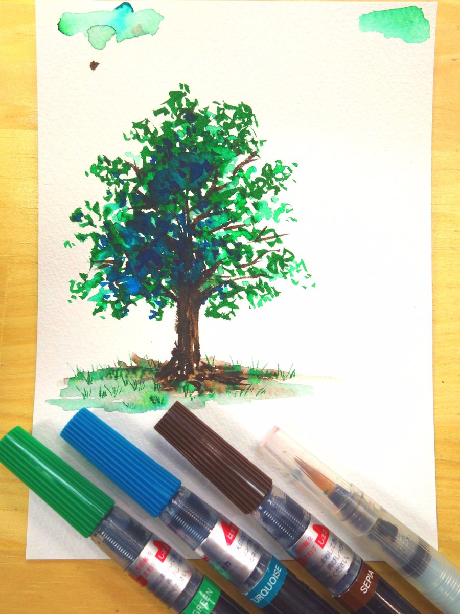 ユーアーツ 通常営業中 Twitterren ぺんてる アートブラッシュ でお手軽水彩イラスト 筆ペンタイプでパレット不要 水筆でぼかしも簡単 グリーン ターコイズ セピアの３色で木を描いてみました 全18色 １本 540円 手軽でとっても楽しいのでぜひ試して