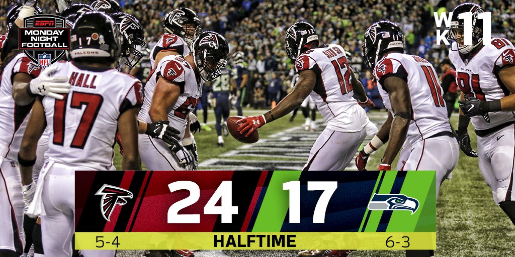 NFL's tweet image. HALFTIME: @AtlantaFalcons lead by seven. #ATLvsSEA