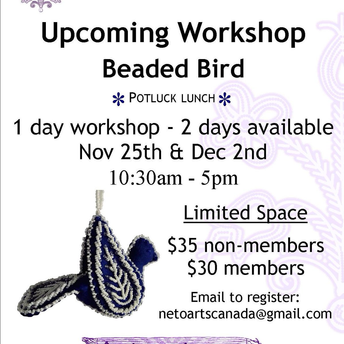 NetoNativeArts's tweet image. #Fundraiser Come and create this beautiful beaded bird. One day workshop, 2 days available. #Iroqouis @dsbn_Indigenous @StCathCulture @googlearts @NDNLearningG @Indspire