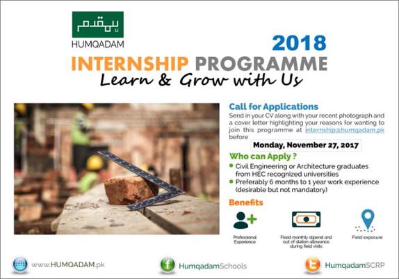 HumqadamSCRP's tweet photo. Do not miss the deadline! Apply for #HumqadamSCRP Internship Programme by Monday, November 27, 2017
https://t.co/tUuhV10lKN https://t.co/x3EPUbpo1u