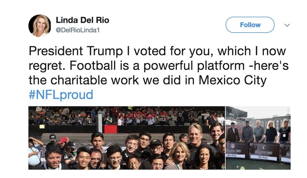 thehill's tweet photo. Raiders' coach's wife fires back at Trump after he attacks player: I regret voting for you https://t.co/WYS07LHTDs https://t.co/4u0pGd0EkI