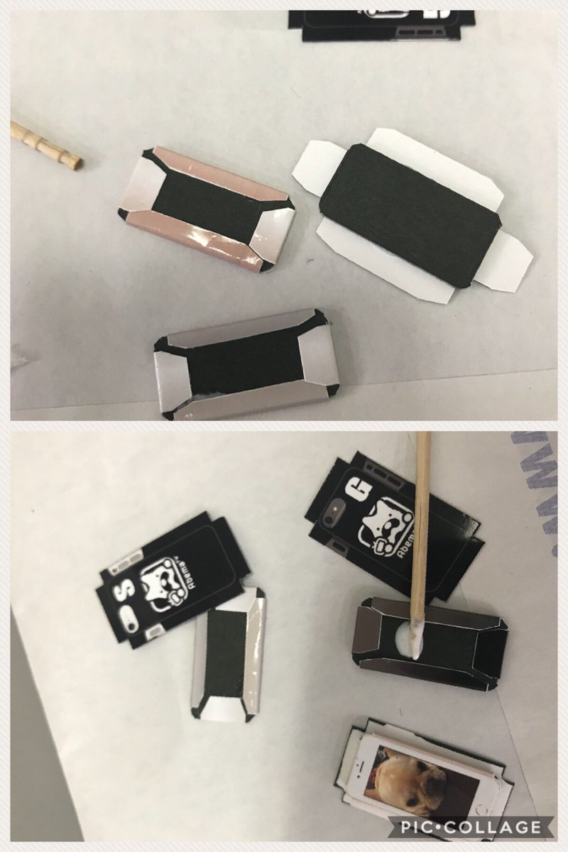 pop_chaton's tweet image. スマホの作り方。
①スマホをPCで描きプリントしてカット→アンコになる厚紙に貼り付け。
②木工ボンドを塗ってまずは液晶側を。端を裏に折り曲げ、カバー側も貼り付けます。
③カバーのフチもボンドで貼って、完了。そしてニスを塗って乾かすと完成！
#ス芸部