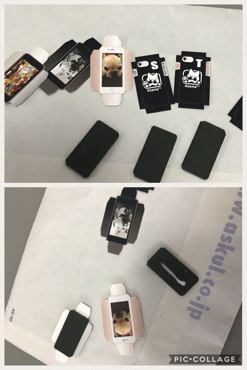 pop_chaton's tweet image. スマホの作り方。
①スマホをPCで描きプリントしてカット→アンコになる厚紙に貼り付け。
②木工ボンドを塗ってまずは液晶側を。端を裏に折り曲げ、カバー側も貼り付けます。
③カバーのフチもボンドで貼って、完了。そしてニスを塗って乾かすと完成！
#ス芸部