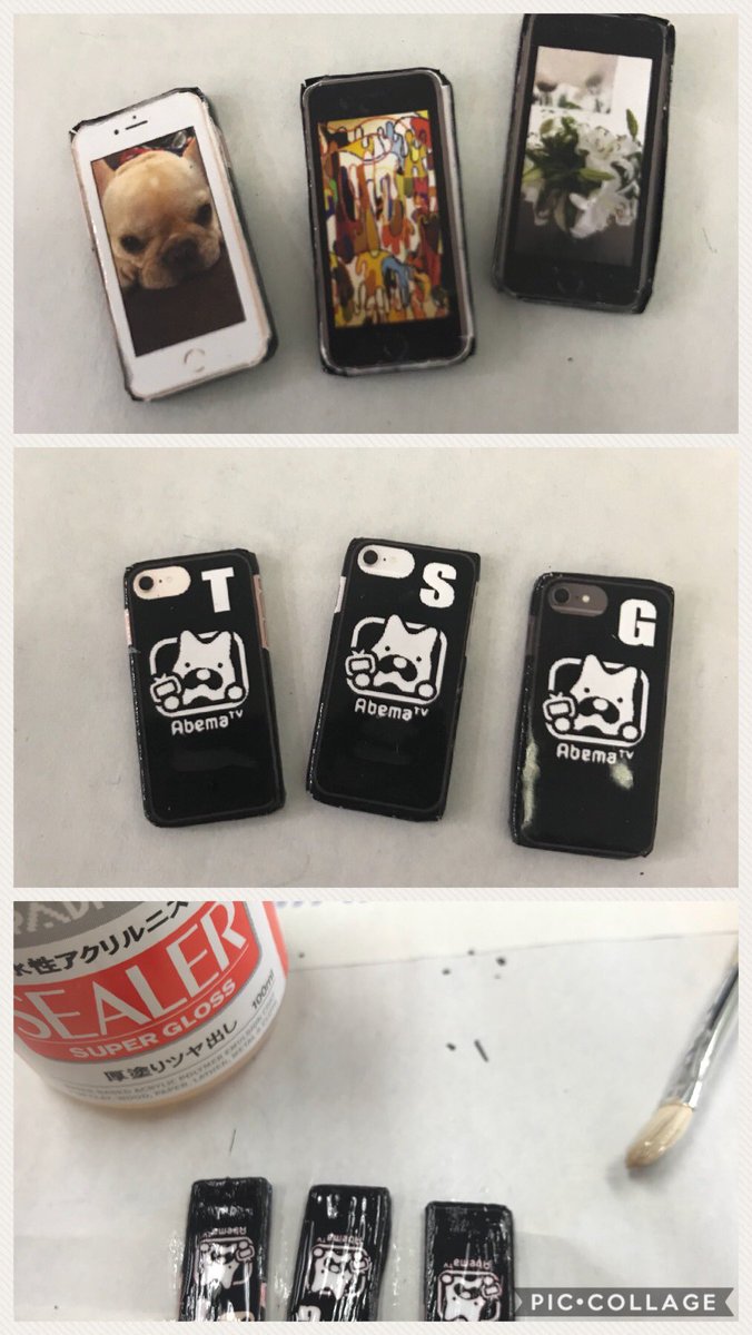 pop_chaton's tweet image. スマホの作り方。
①スマホをPCで描きプリントしてカット→アンコになる厚紙に貼り付け。
②木工ボンドを塗ってまずは液晶側を。端を裏に折り曲げ、カバー側も貼り付けます。
③カバーのフチもボンドで貼って、完了。そしてニスを塗って乾かすと完成！
#ス芸部