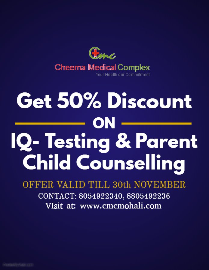 CMCmohali's tweet photo. Heavy Discount on #IQTesting & #ParentChildCounselling
IQ & Parent- Child Counselling is holding at #CheemaMedicalComplex is till this month(End of November) Keep hurry & Take the benefit of this! Contact Us for more details!
Read more details at: https://t.co/pf2UhFT9n2 https://t.co/oPUMXJ4V7k