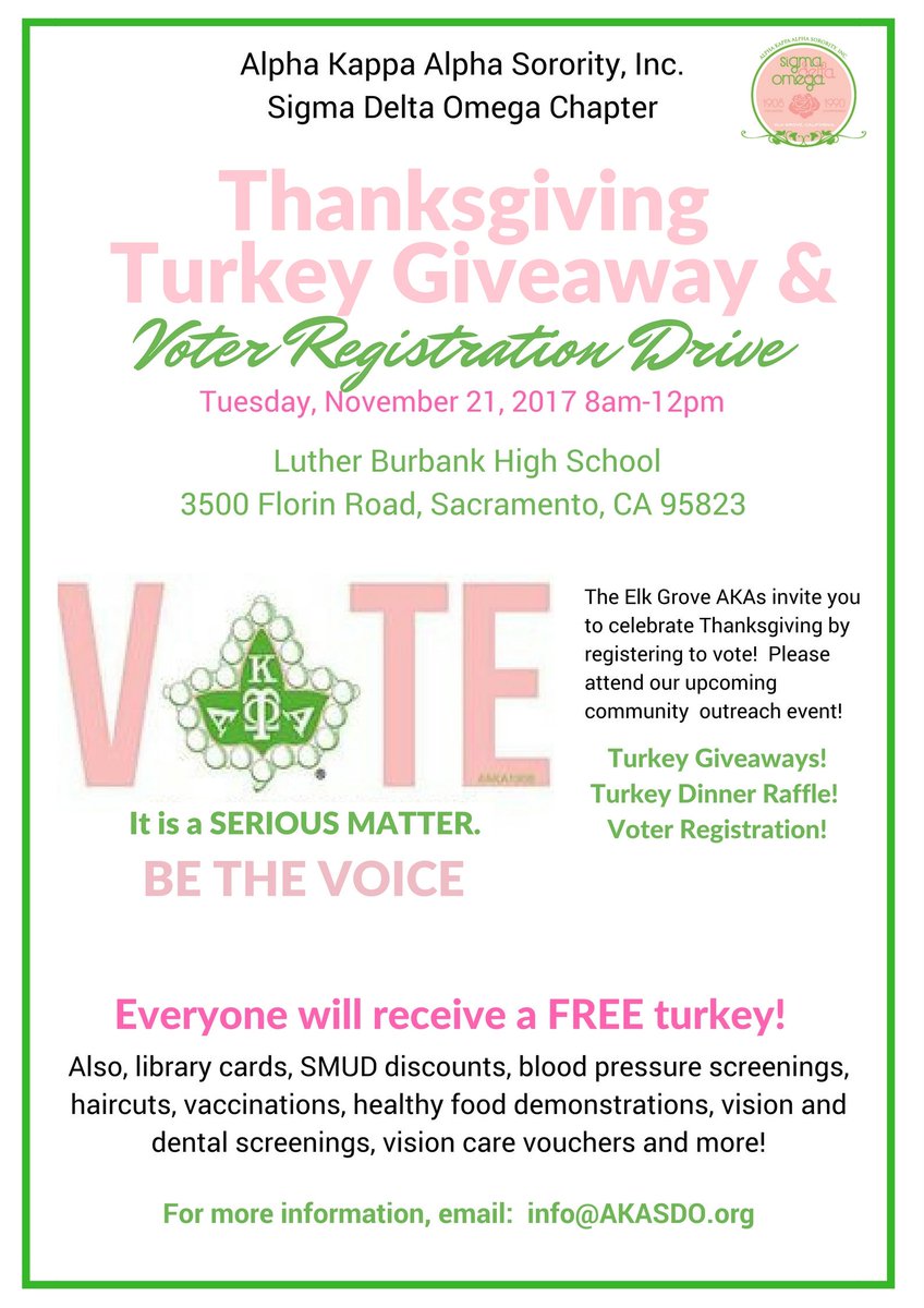 SDOAKAs's tweet photo. Gentle reminder... Please join us tomorrow at Burbank for a turkey giveaway & register to vote. #AKASDO https://t.co/o7ISgYlfGh