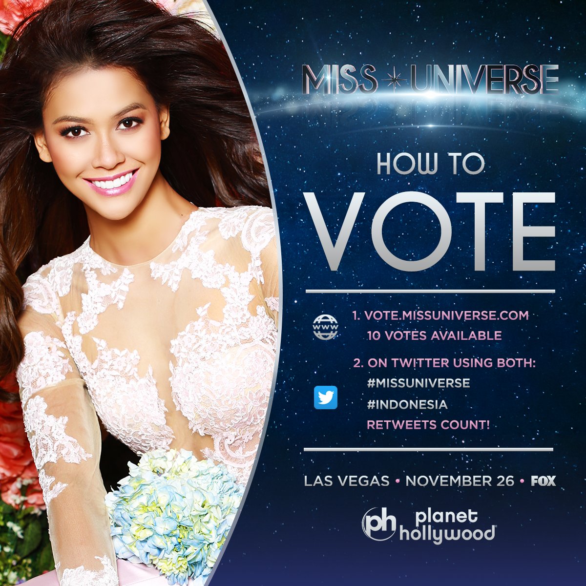 Voting for #MissUniverse is officially OPEN. RT to vote for Miss Universe #Indonesia! 

Watch her LIVE: Sunday Nov. 26 at 7PM on @FOXTV. cc: @Nu_Dicklicious @andra_diansyah @julian_tegar @devangga_regan