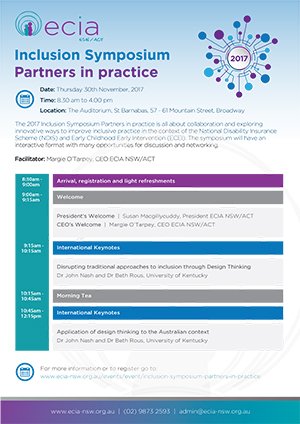Agenda for the #ECIA2017 #NSW/#ACT #Inclusion Symposium on 30 November 2017 now available! ecia-nsw.org.au/documents/item… #NDIS #ECEI #Disability