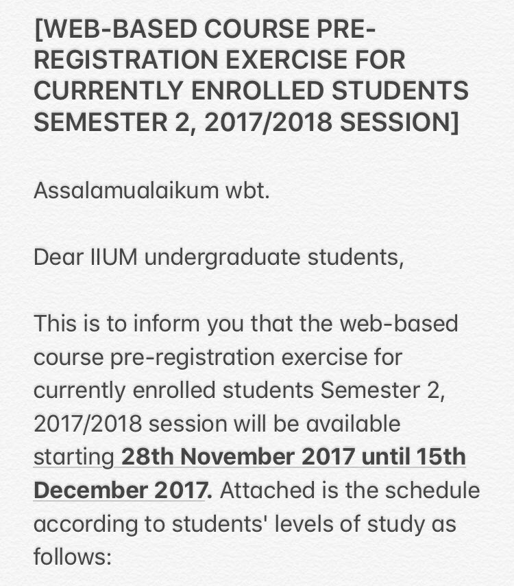iiumlawsoc's tweet photo. [WEB-BASED COURSE PRE-REGISTRATION EXERCISE FOR CURRENTLY ENROLLED STUDENTS SEMESTER 2, 2017/2018 SESSION] https://t.co/QOZU8WyAPX