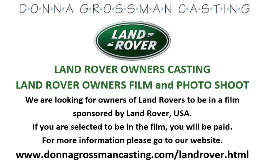 @supercarscar Hi, We are casting a series of films for Land Rover about Land Rover owners. Do you know any owners that go Above and Beyond? \donnagrossmancasting.com/landrover.html