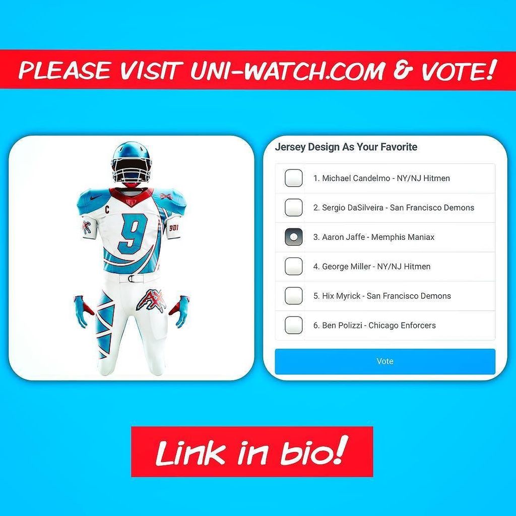helmetsoulman's tweet photo. My Memphis Maniaxx uniform concept made it to the finals of the https://t.co/hncFcfYRXS #xfl #uniform #design contest. I’m in 2nd place. Voting ends soon, so plz give me (Aaron Jaffe) a vote! Link to vote in bio. #design #concept #memphis #901 #choose901 … https://t.co/bDLknNS7FU