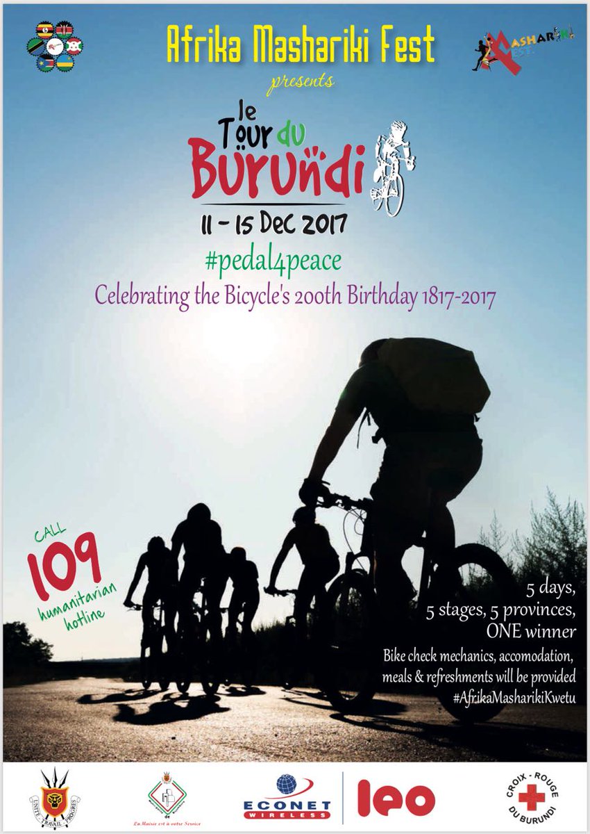 RonexKisembo's tweet photo. Top 3 Champions after summation of time used by each:
1. Bike + 300000BIF + Gold Medal
2. Bike + 200000 + Silver Medal
3. Bike + 100000 + Bronze Medal
Note: Each section of the Tour Du Burundi #Pedal4Peace will have 5 top finishers awarded: 1.200000BIF,150000,100000,75000 50000@ https://t.co/zNbnqGTtQ8