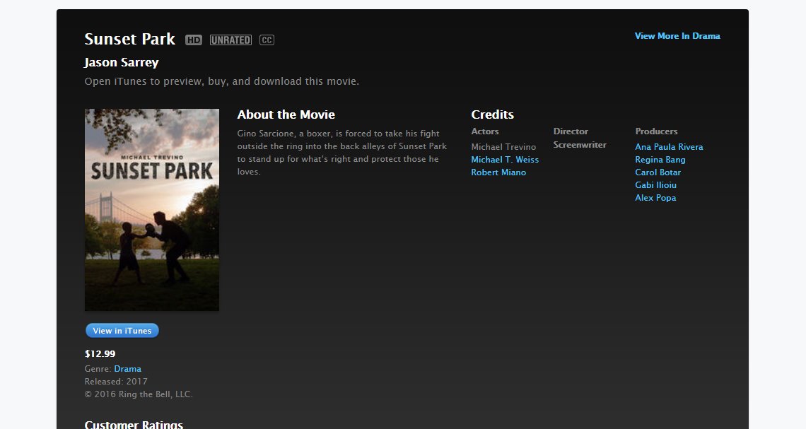 trevinosource's tweet photo. UPDATE: Sunset Park is now available on iTunes! Get your copy now! 

Itunes: https://t.co/JhOT4qTy20

@Michael_Trevino #michaeltrevino #sunsetpark2017
#sunsetparkmovie https://t.co/WMCTcEM7vI