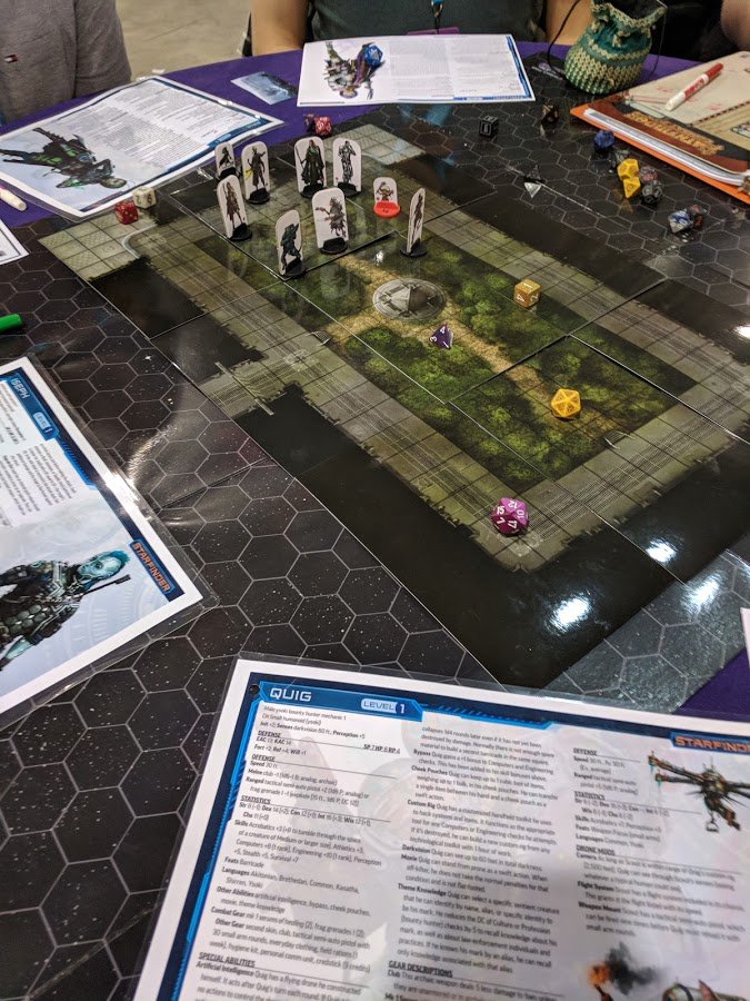 theSteviathan's tweet photo. Got my feet wet with #StarfinderRPG at #PAXUnplugged! Many thanks to @paizo and our GM for letting me play a one-shot along with @NStPcast! I played as Quig, the inquisitive and blunt Ysoki engineer who lost his precious drone to a vicious ghoul and her cronies. #JusticeForScout https://t.co/pDnGXl8Wgq