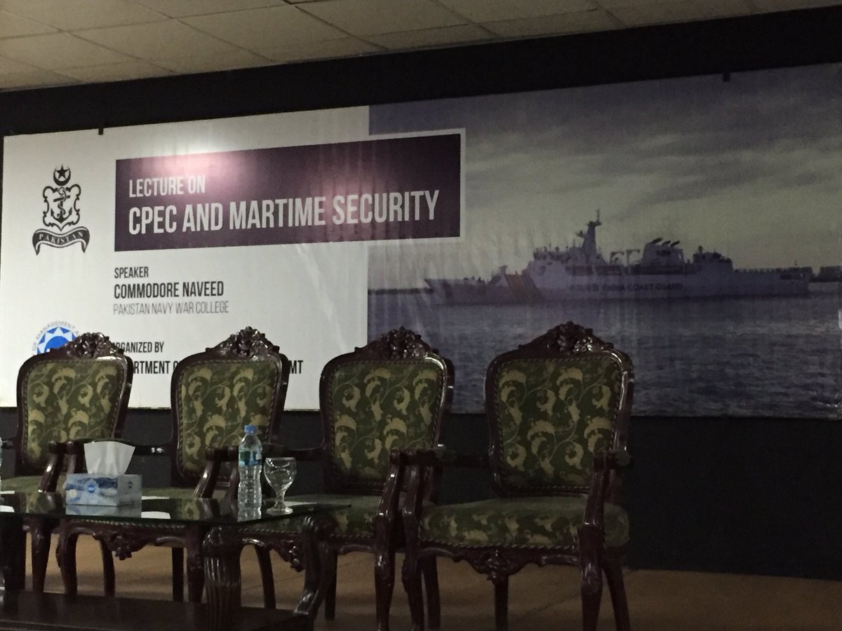 CpecCenter's tweet photo. Happening now at @UMTOfficial “CPEC &amp; Maritime Security”, talk by Cdr. Naveed frm Naval War College.
@zlj517 @HaroonkRasheed @alinashigri https://t.co/HVL1DZ5YeN