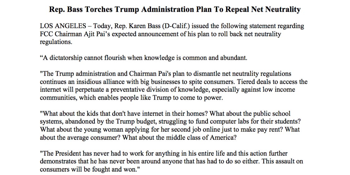 RepKarenBass's tweet photo. A dictatorship cannot flourish when knowledge is common and abundant. Proud to support #NetNeutrality and stand with those that continue this fight. Thank you for your persistence -- your voice MATTERS. https://t.co/fMeYRLQCtw