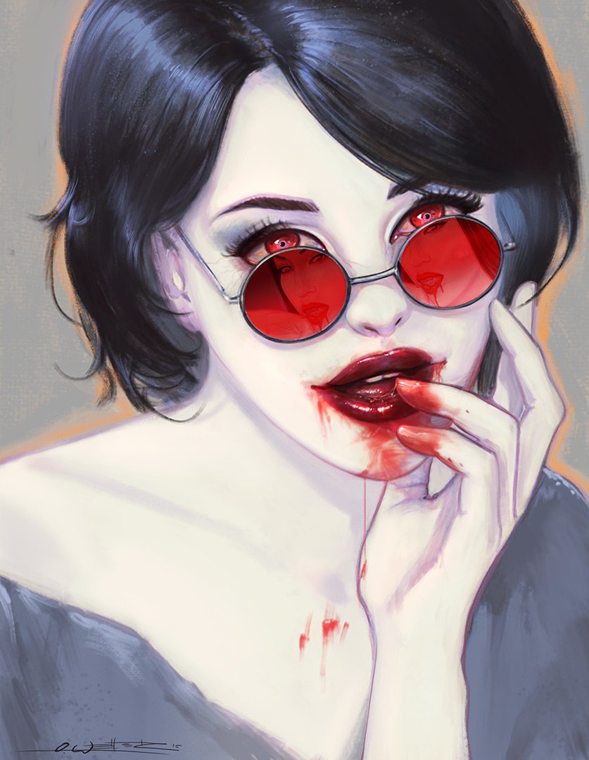 VampiricSire's tweet image. He hums softly, snipping at his hair. White locks are freshly dyed a stark black while red eyes are hidden behind rose colored glasses. Another change of face to keep the truth of his existence under wraps.