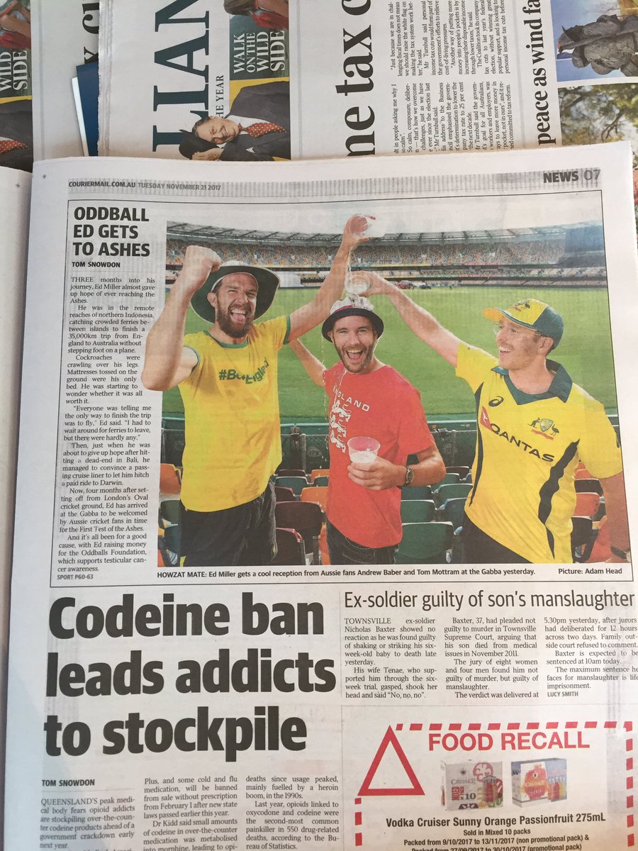 theedventures's tweet image. Nice little article in today's Courier Mail in Brisbane about me making it to Brisbane without a flight #ashes @OddballsFDN @myoddballs