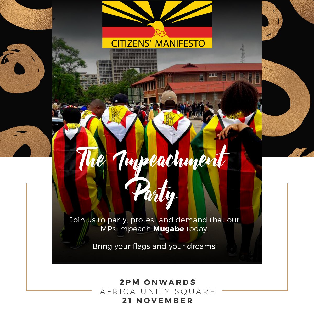 ComradeFatsooo's tweet image. Join us today for an Impeachment Party at Africa Unity Square! Bring your flags and your dreams!!! cc @CitManifesto @kubatana @263Chat @Wamagaisa @OpenParlyZw #MugabeMustGo #OurZimbabweDream