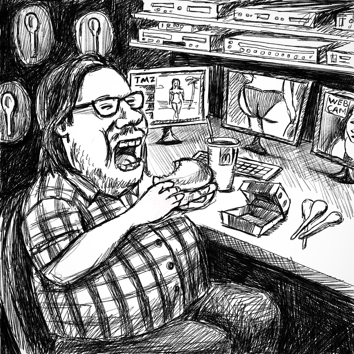 SternStooges's tweet photo. JD's media cave, where the magic happens. 
@jdharm #fatnerd @sternshow 
Illustrated by @SternStooges 
@SternFBSuperfan @HowardStern @HowardSternNews https://t.co/HdbjlwWJvj