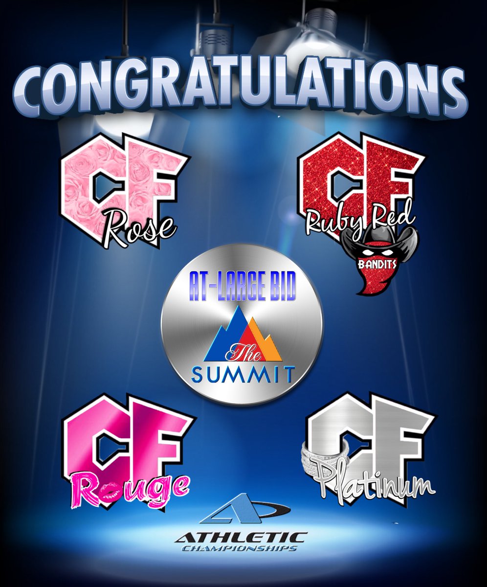 LACheerForce's tweet photo. And we are headed to The Summit 2018! Disney, here we come! 😍💙 Congratulations to ROSE, RUBY RED, ROUGE, &amp; PLATINUM on earning AT-LARGE bids in November! 🥇🏆🎊  @Summitpolls_ @summitbids @VarsityAllStar https://t.co/vqYpk54avz