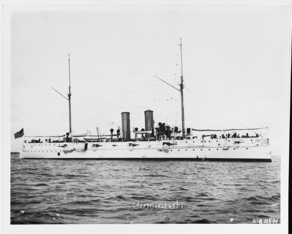 USNavy's tweet photo. #OTD 1942: #USSCincinnati & #USSSomers uncover the Norwegian ship SS Skjilbred as being the German blockade runner Anneliese Essberger after setting explosions and boarding the ship. Survivors are taken on board #USSMilwaukee. https://t.co/SQJIBCdbGh