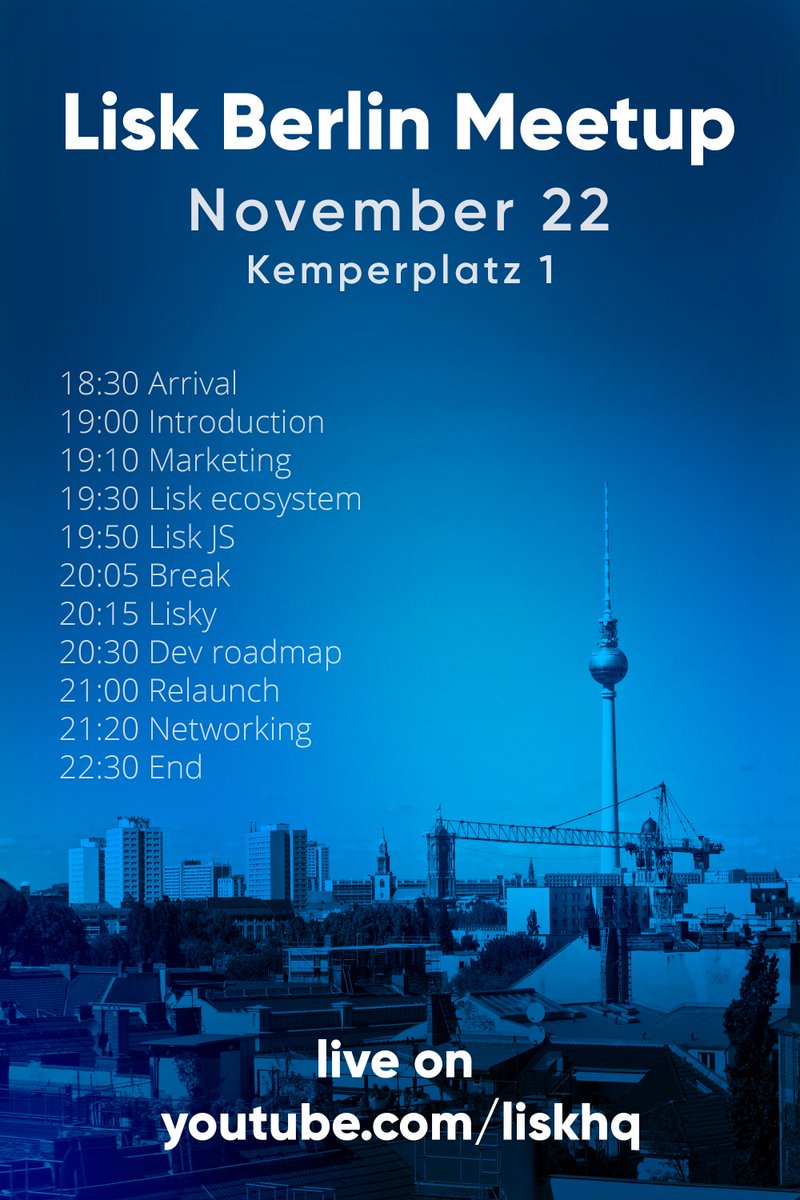 Lisk's tweet photo. The agenda for the #Lisk #Meetup is now available. We'll begin checking in attendees at 6:30 PM CET and kick-off the presentation with an introduction by Max at 7:00 PM CET. https://t.co/grLLS5mPOr