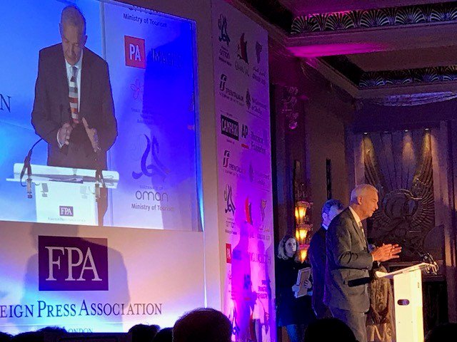 Hayley_Barlow's tweet photo. Congrats to our @waadalkateab winning @thomfound 'Outstanding Coverage of a Continuing Story' for #InsideAleppo coverage at #FPAAwards17 - collected by @jonsnowC4. Her 14th award this year. Amazing! https://t.co/hjIiIffPBT