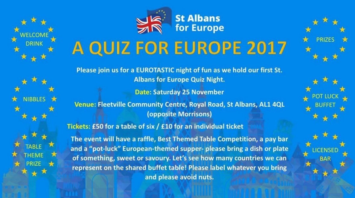 StAlbans4Europe's tweet image. ✨🔔🔔Just 4 days to our fundraising quiz🔔🔔✨ 
Details: stalbans4europe.co.uk/quiz2017
Money raised will support our efforts to coax people out of their echo chambers. #Brexit is not a done deal, it can be reversed &amp;amp; opinion IS changing. Help us to speed it up! 
#StAlbans #StopBrexit