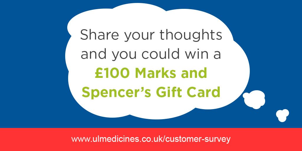 ULMeds's tweet photo. Are you a UL Medicines customer? Do you want to help shape the future of your specials service? Fill in our survey and you could win a £100 M&amp;S gift card! https://t.co/tUtpP4WhvM https://t.co/CtfpGJwlrv